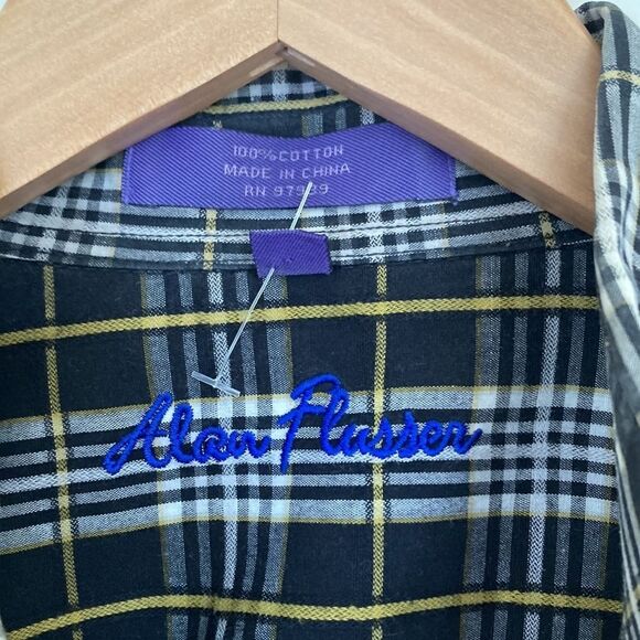 Alan Flusser Button Down Shirt Mens M Cotton Plaid Black White Yellow‎ Preppy - Picture 4 of 9